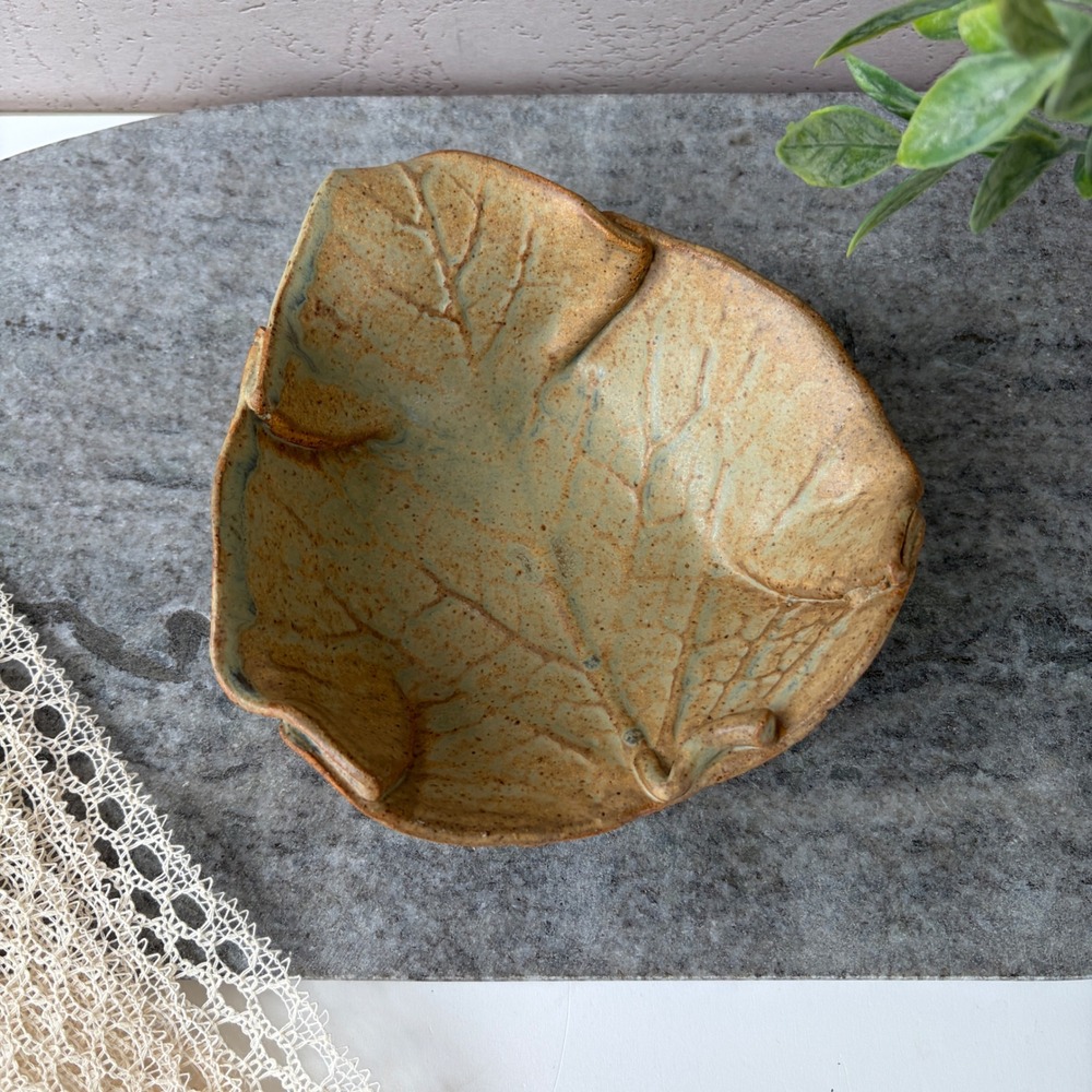 Studio Art Pottery Leaf Shape Speckled Glaze Earthy Tan Blue Trinket Bowl